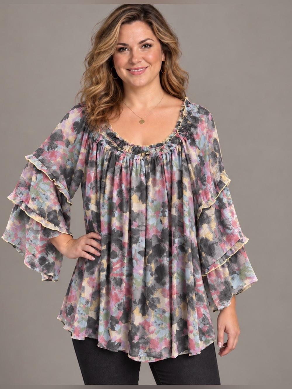 Zac & Rachel Woman 2X Watercolor Floral Blouse Tiered Ruffle Sleeves